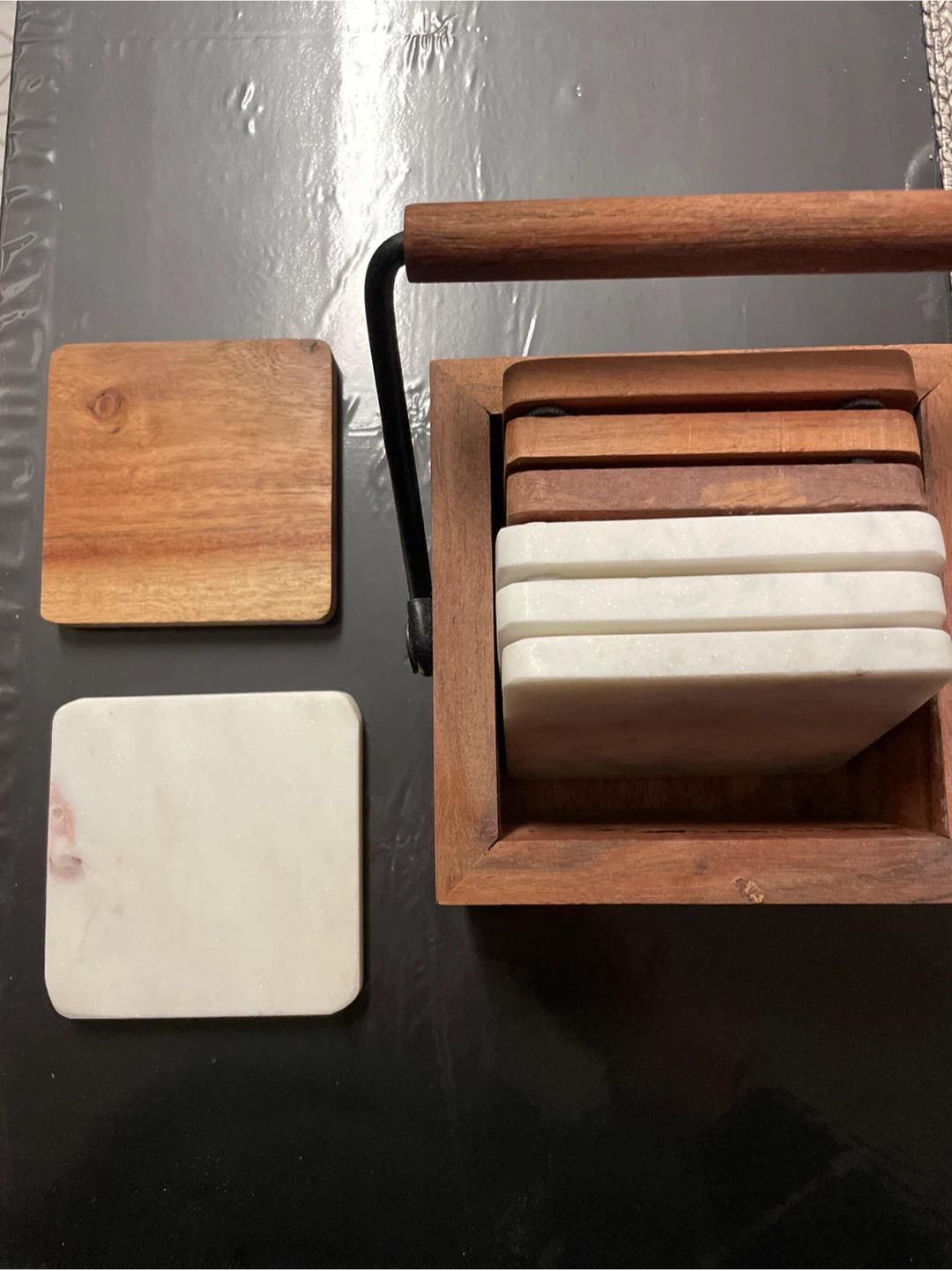 Wood & Marble Coaster Set with Holder - photo 2