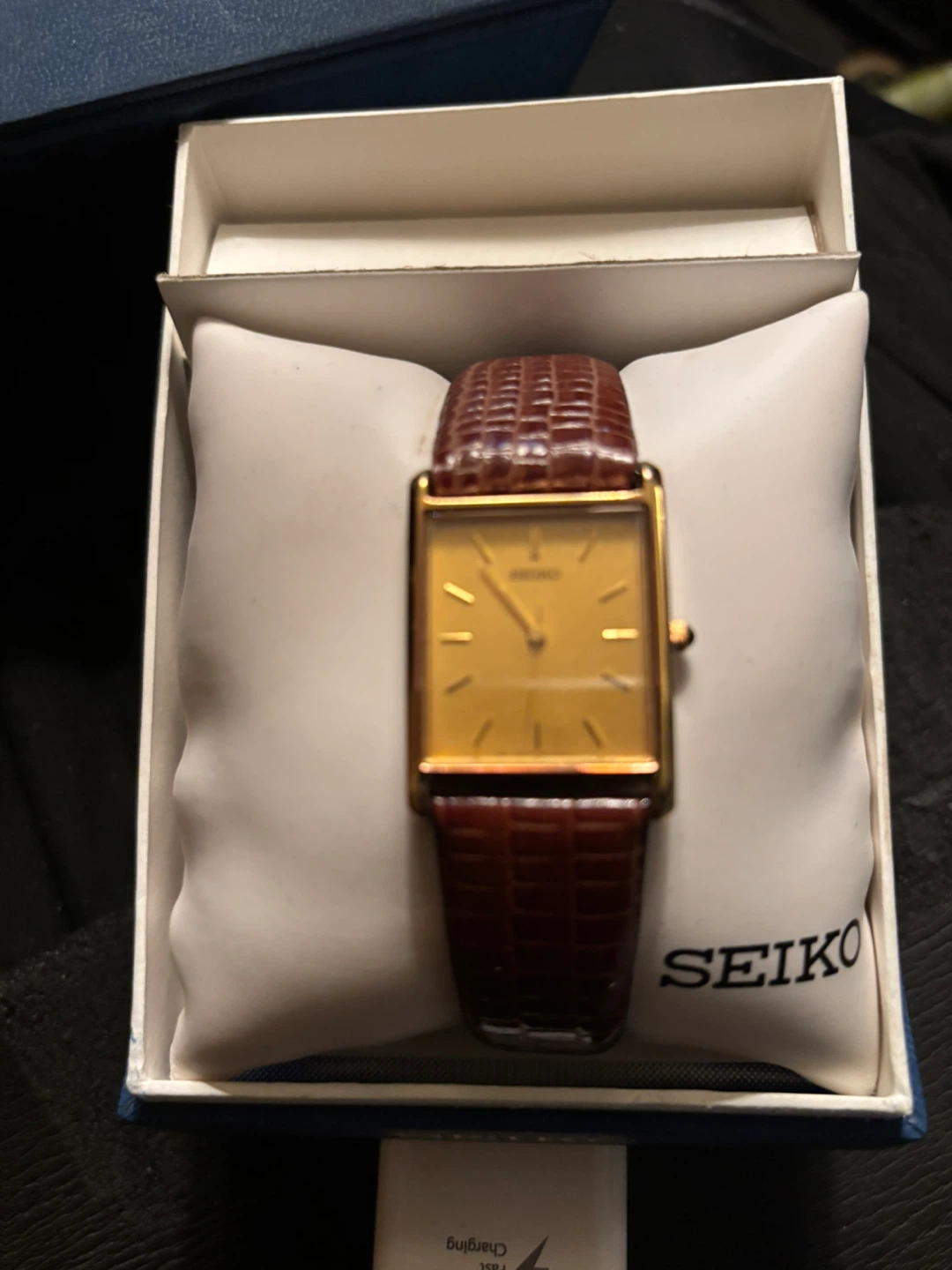 Seiko Gold Rectangular Watch with Brown Leather Band