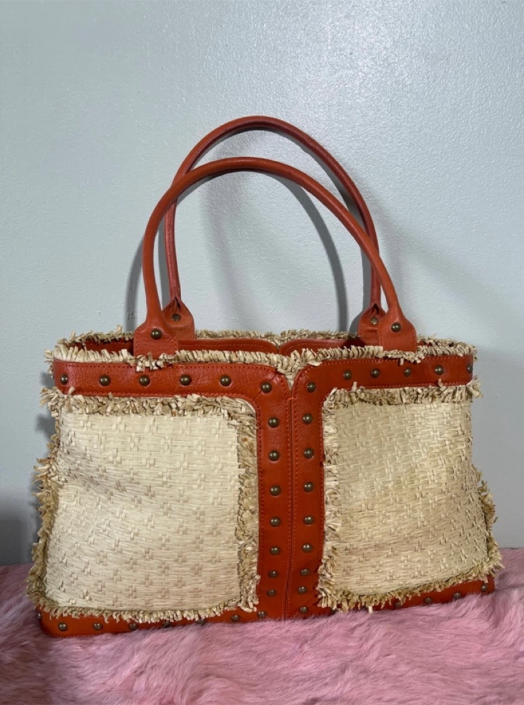 BCBGIRLS Straw & Faux Leather Tote Bag