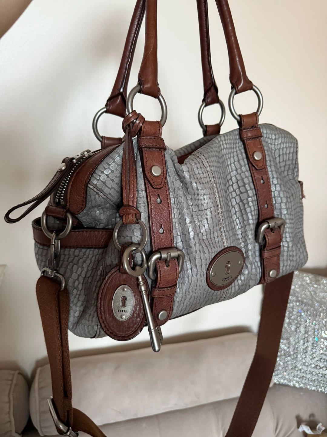 Fossil Grey Leather Satchel Bag - photo 3