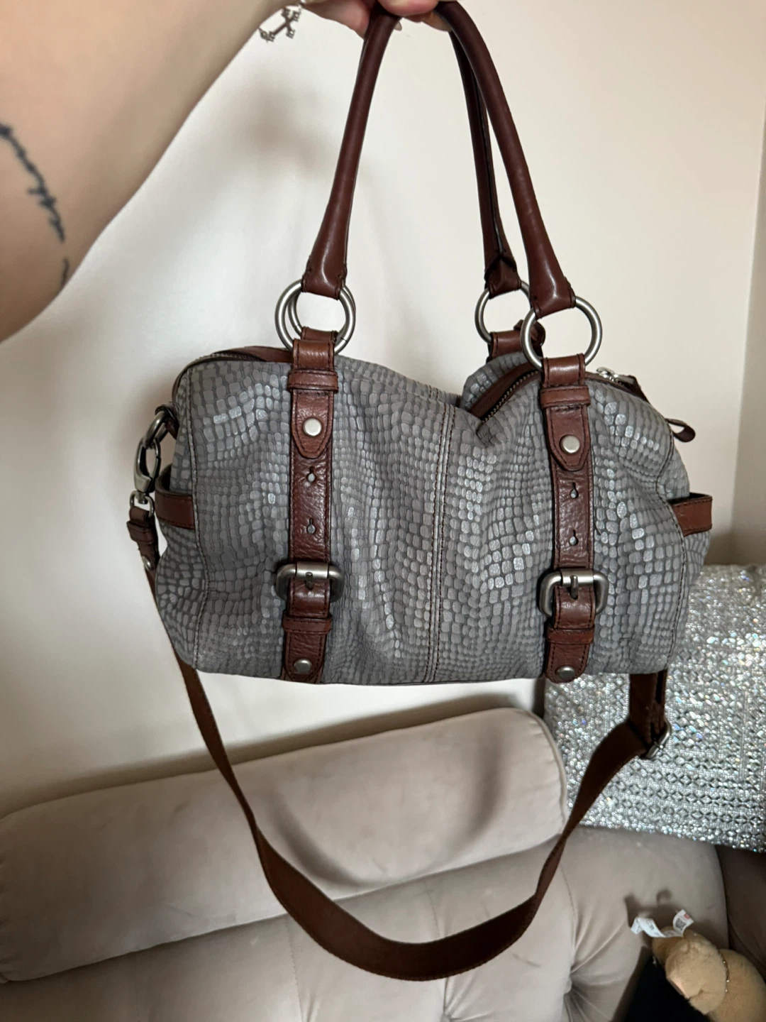 Fossil Grey Leather Satchel Bag - photo 4