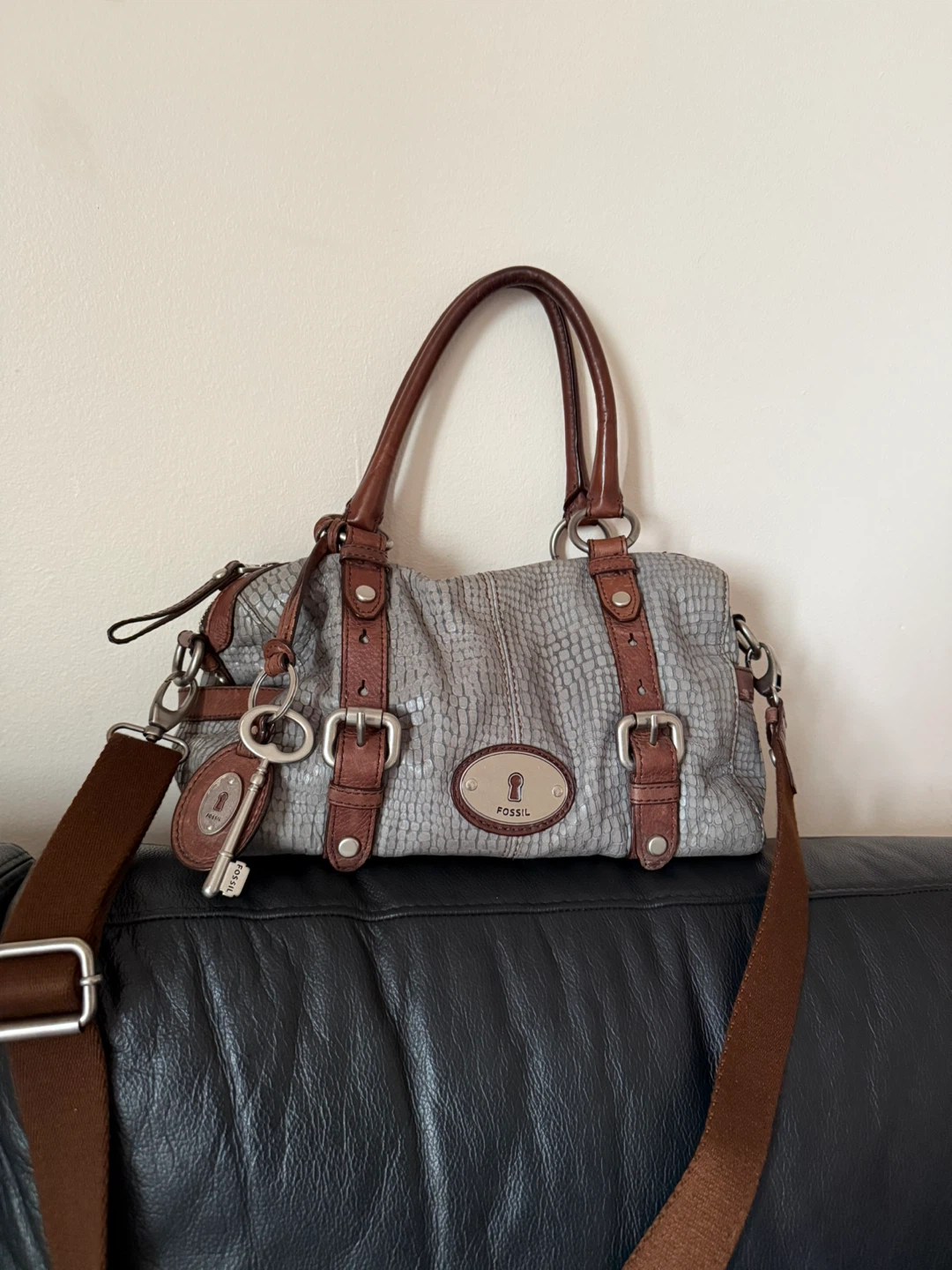 Fossil Grey Leather Satchel Bag