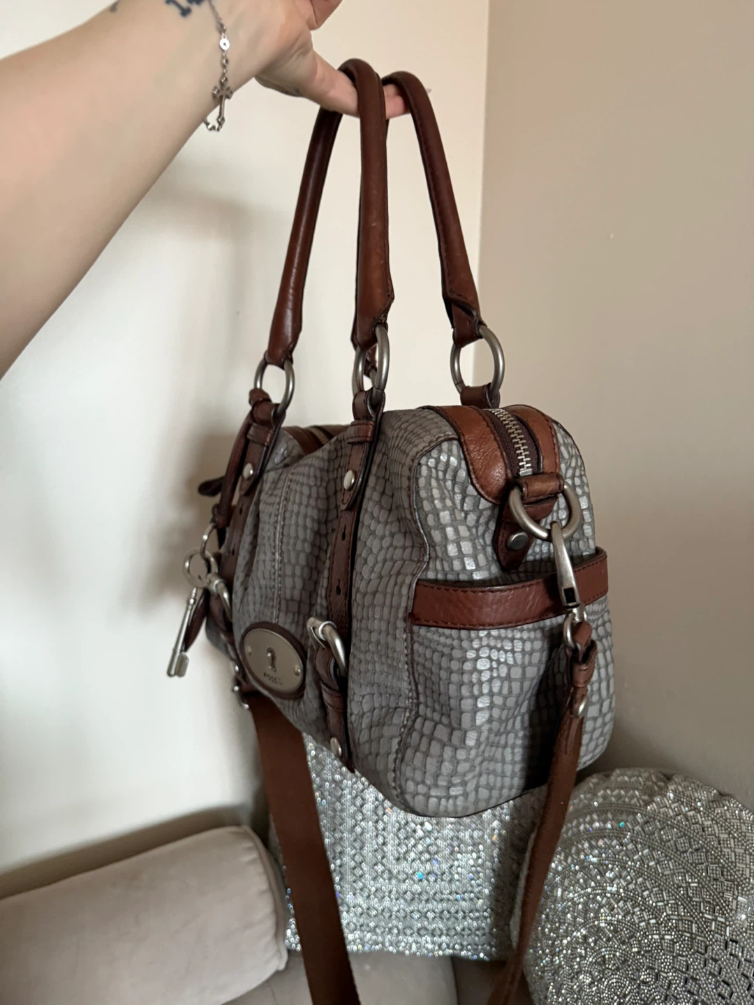 Fossil Grey Leather Satchel Bag - photo 5