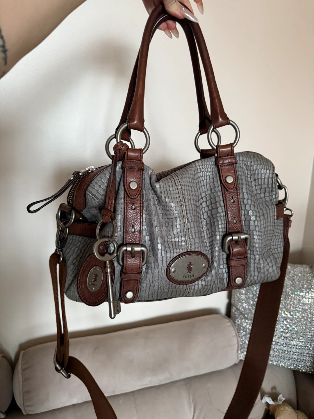 Fossil Grey Leather Satchel Bag - photo 2
