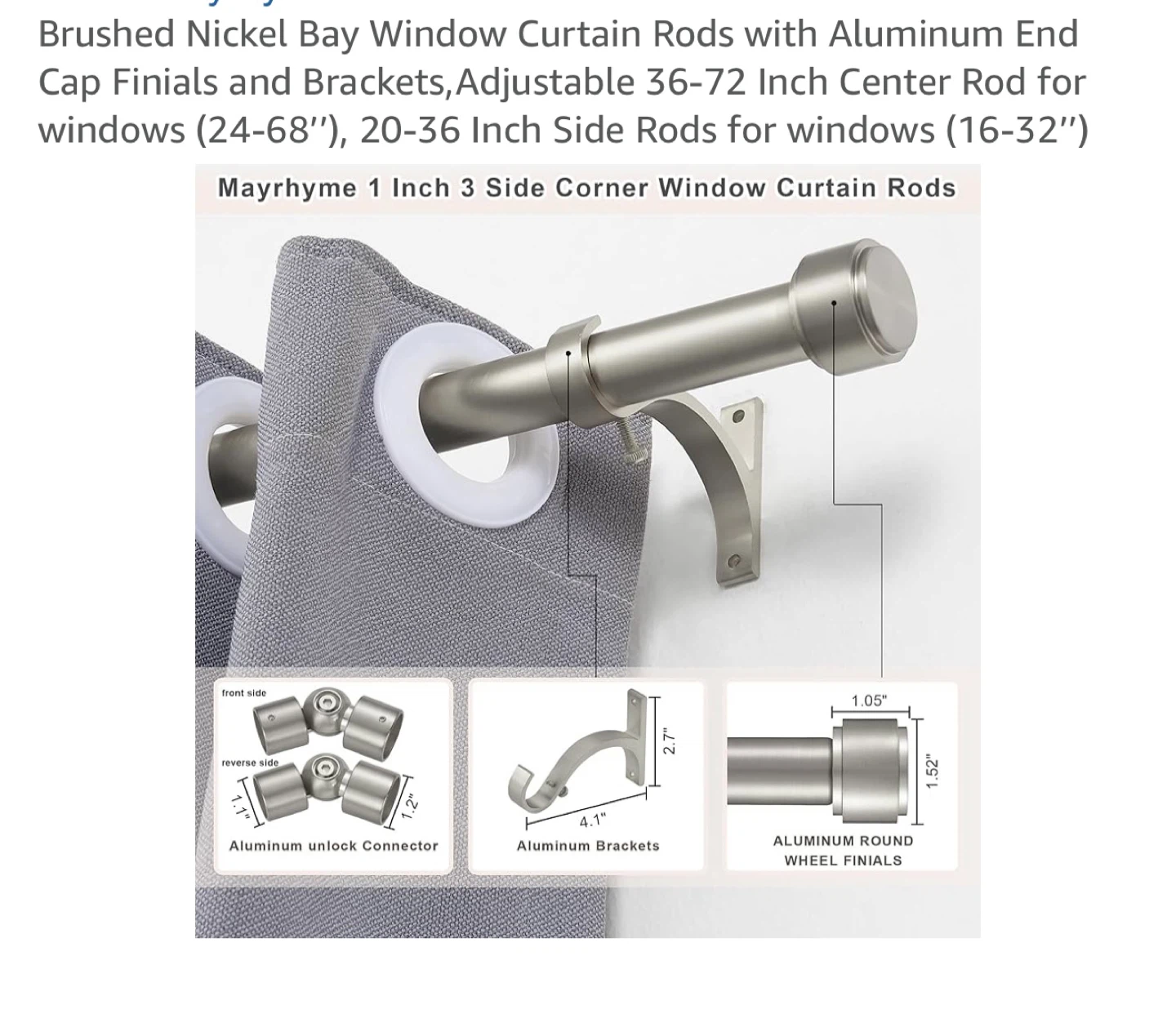 Mayrhyme Brushed Nickel Bay Window Curtain Rods - photo 2