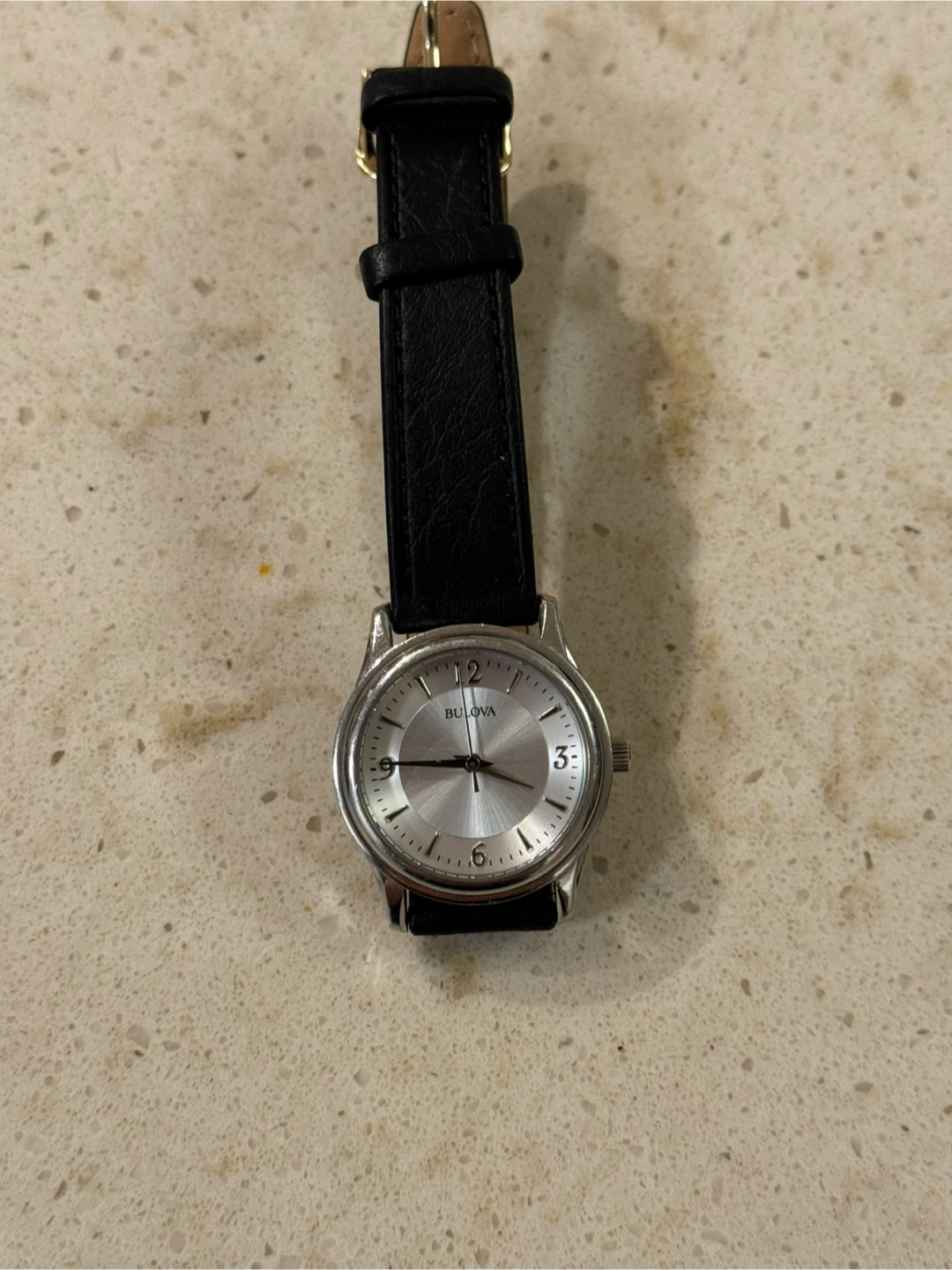Bulova Silver Face Black Leather Watch