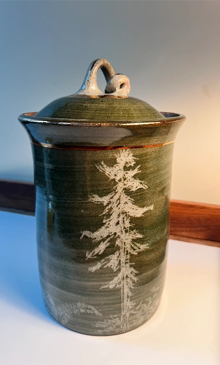 Gorgeous Hand Made Green Glazed Christmas Jar w/Lid