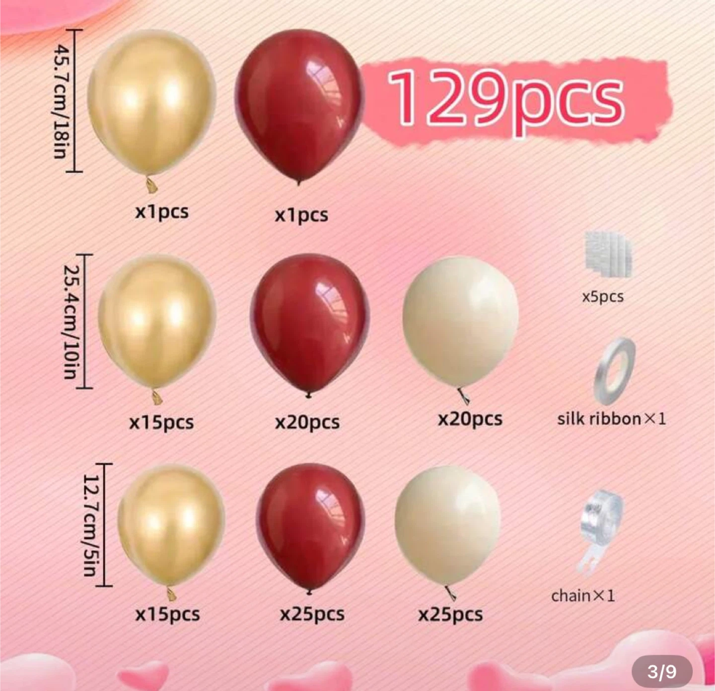 129 pcs Balloon Arch Kit - Red, Gold, White