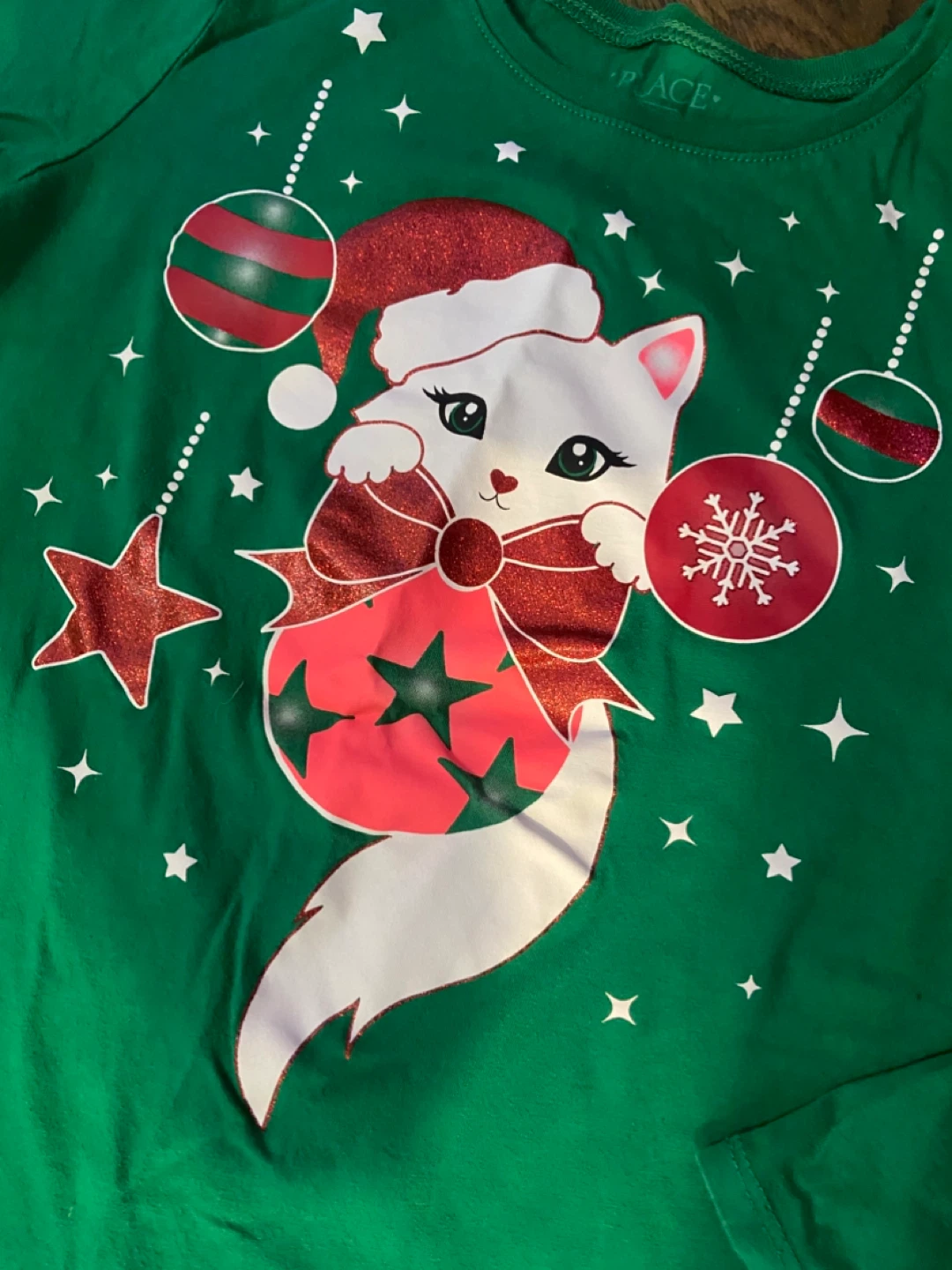 EUC The Children's Place Green Christmas Cat Shirt (Size 10/12) - photo 2