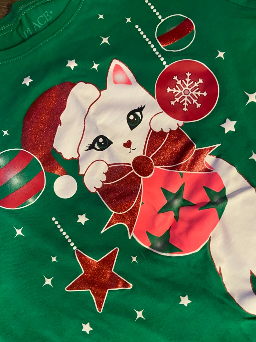 EUC The Children's Place Green Christmas Cat Shirt (Size 10/12) - photo 3