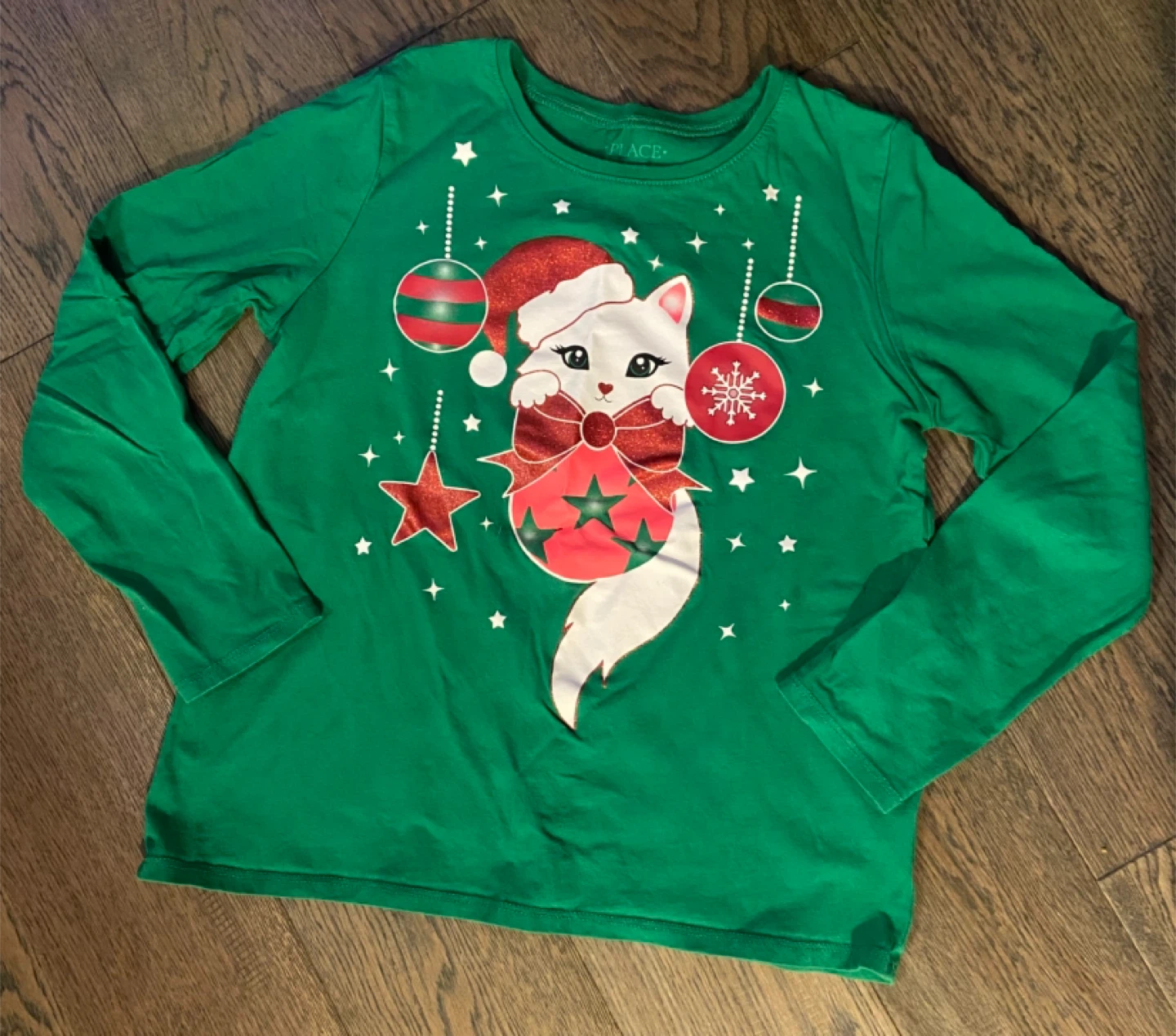 EUC The Children's Place Green Christmas Cat Shirt (Size 10/12)