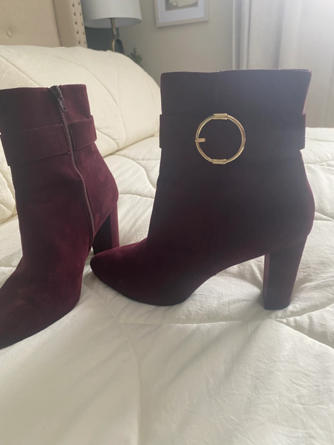Burgundy Ankle Boots with Gold Buckle