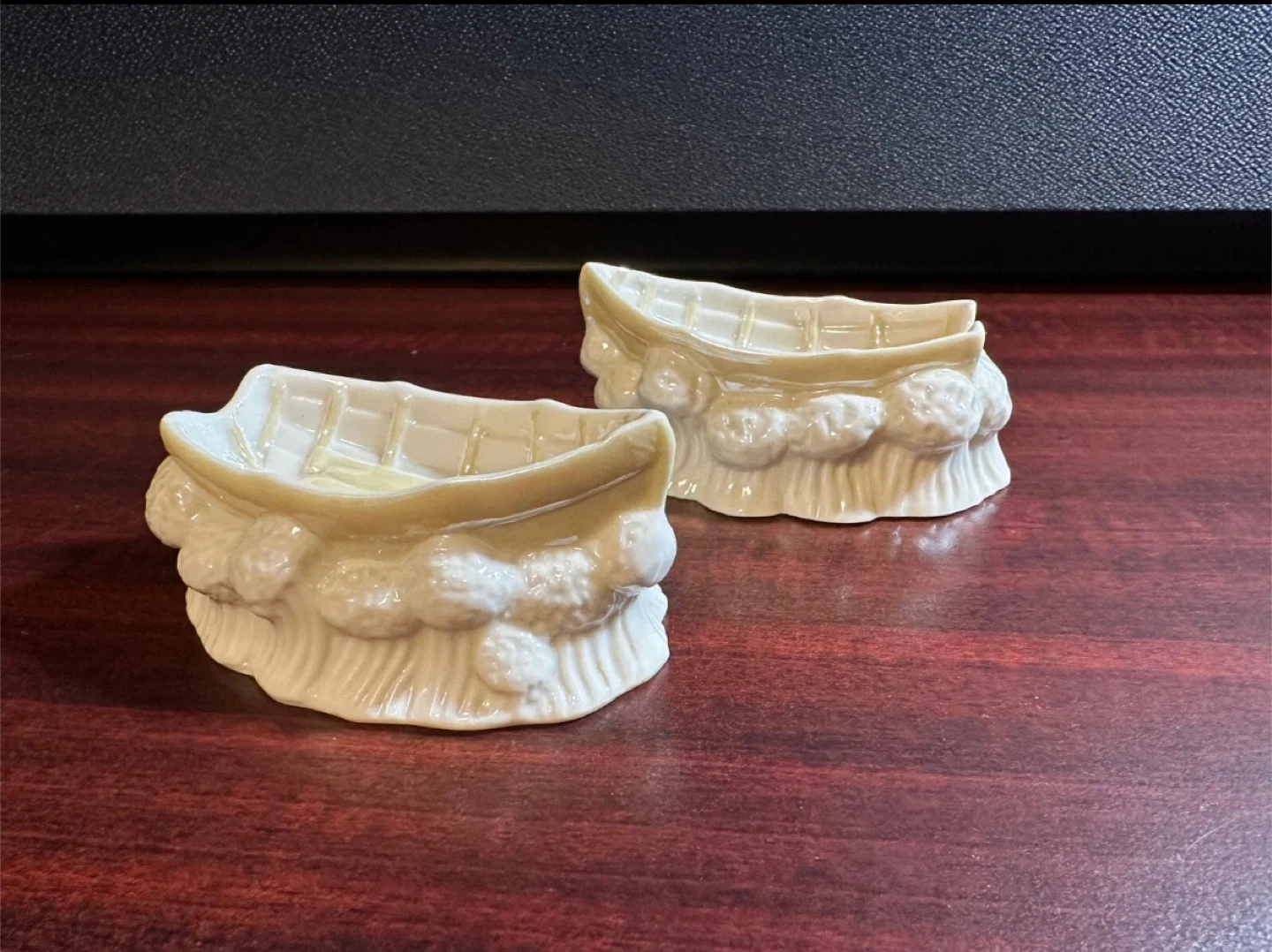 Pair of Belleek Boats, Yellow Lustre Open Salt Dishes