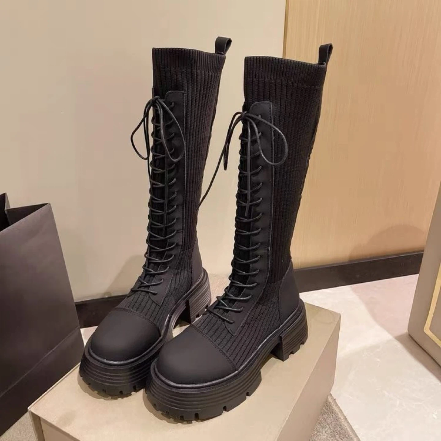 Black Lace-Up Platform Boots