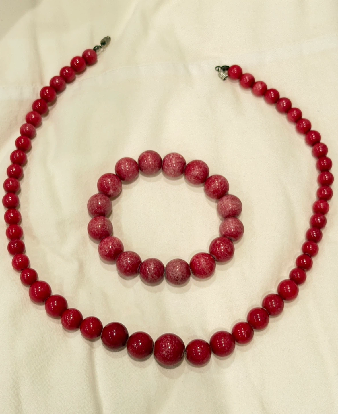 Red Agate Bead Necklace & Bracelet Set, Silver Screw Clasp