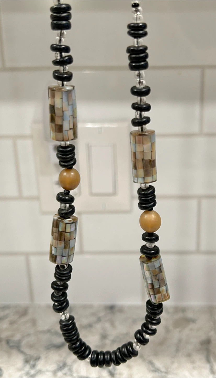 Beaded Necklace - Black, Beige, Iridescent
