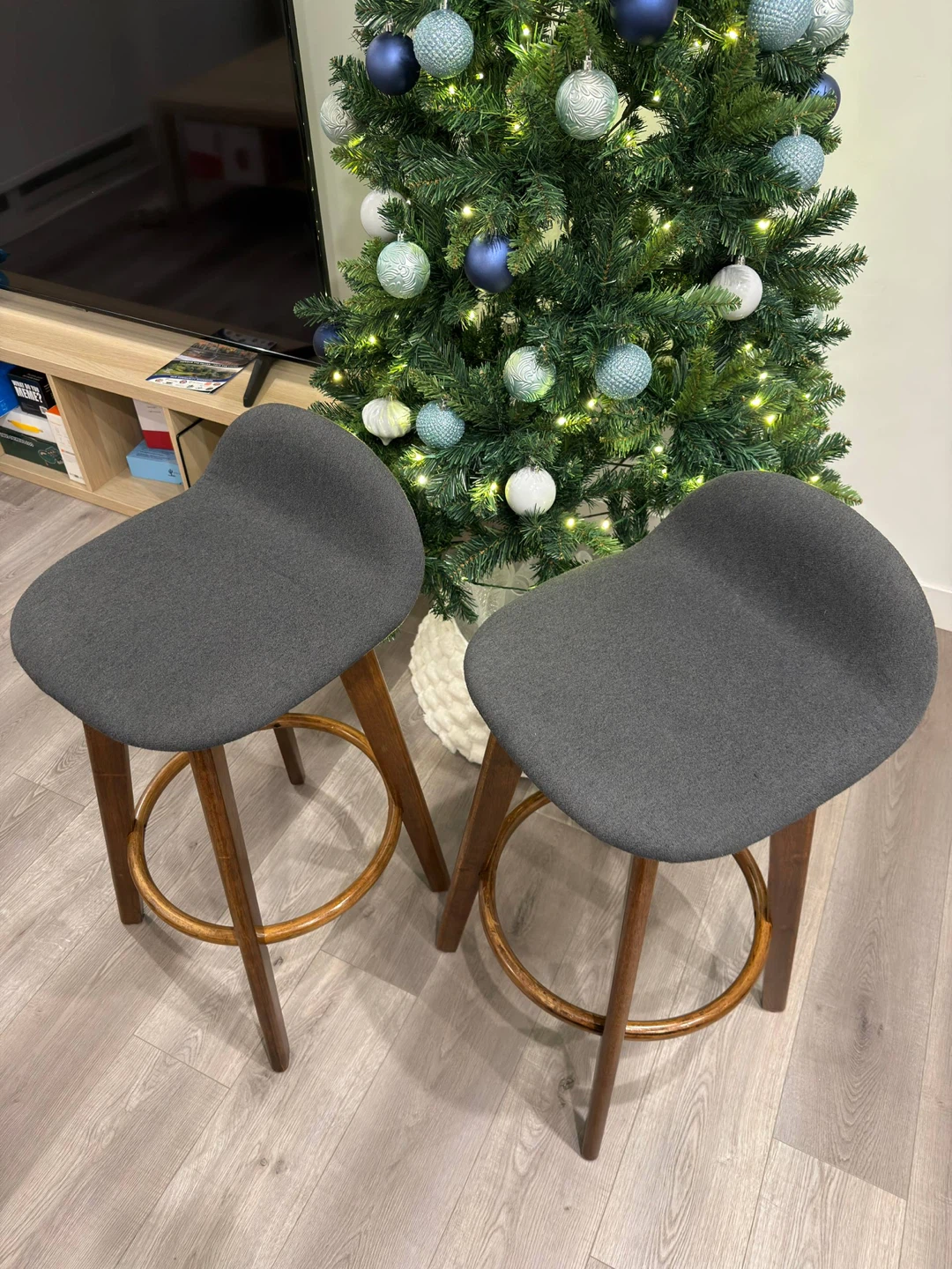 Set of 2 Bar Stools - Grey & Wood - photo 2