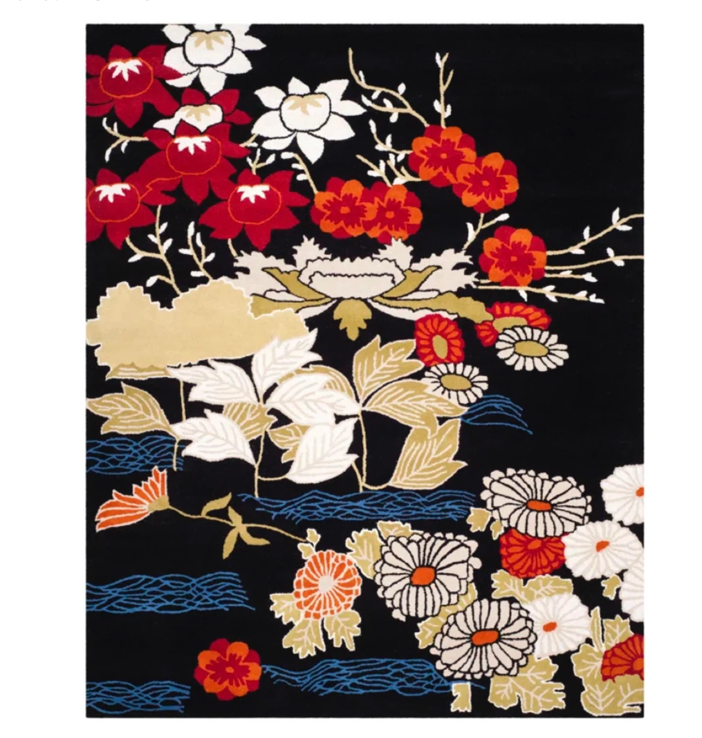 Floral Area Rug - Black with Colorful Flowers