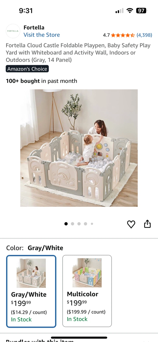 Fortella Cloud Castle Foldable Playpen - Gray/White