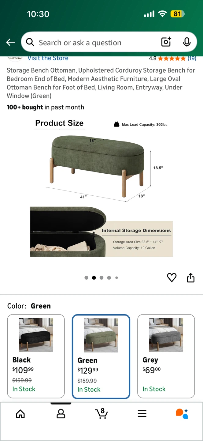 Green Storage Bench Ottoman, Corduroy, Large - photo 5