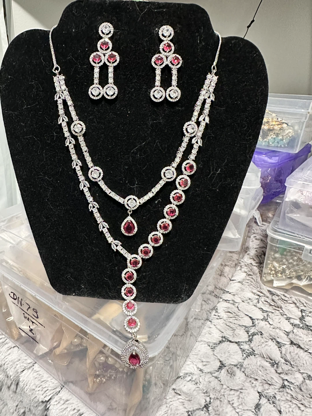 Necklace and Earring Set - Silver & Red