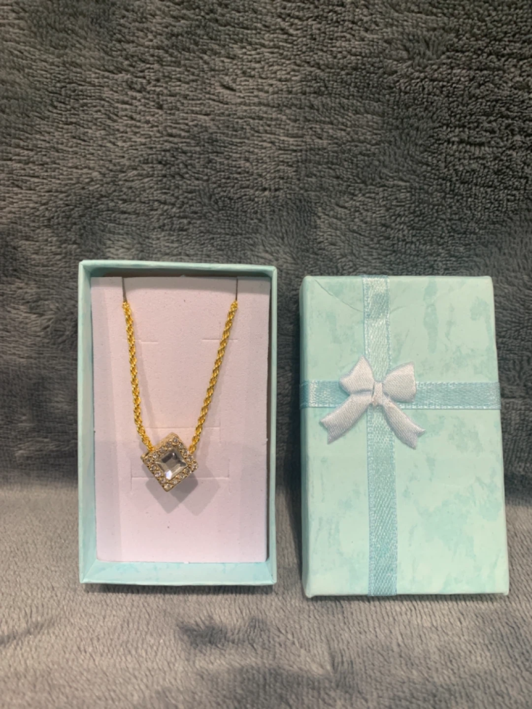 925 based Gold Tone Necklace with Square Pendant - New in Box