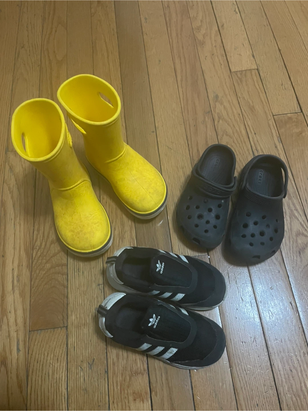 Kids Crocs & Adidas Shoes, Yellow Rain Boots