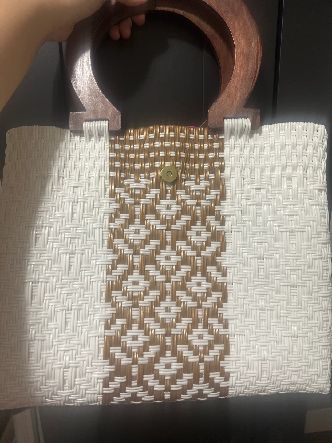 Woven Tote Bag with Wooden Handle