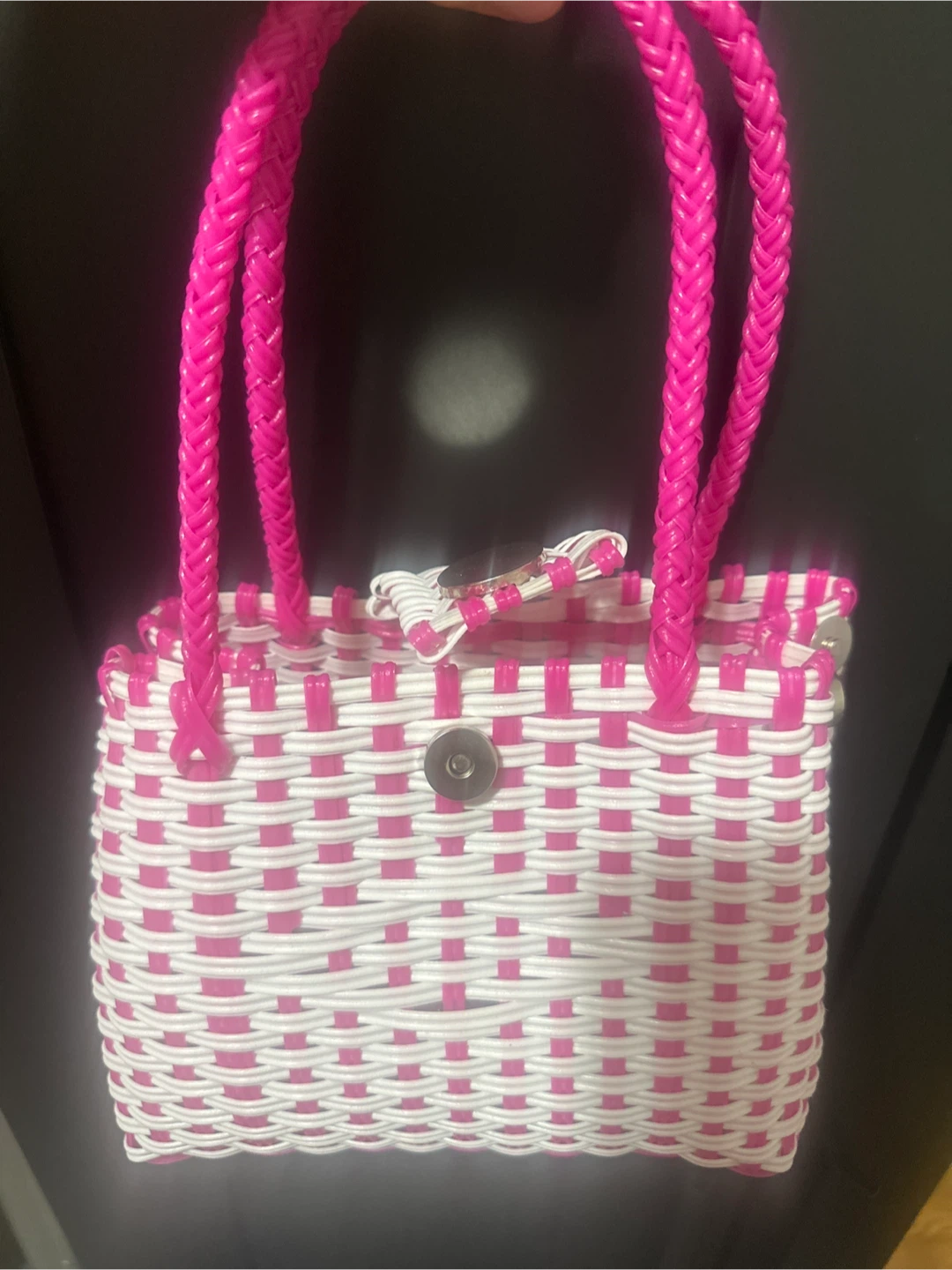 Woven Plastic Handbag - Pink & White