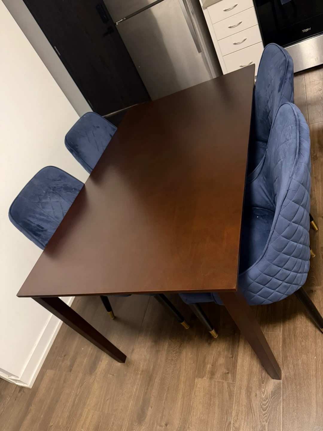Dining Table with 4 Blue Velvet Chairs