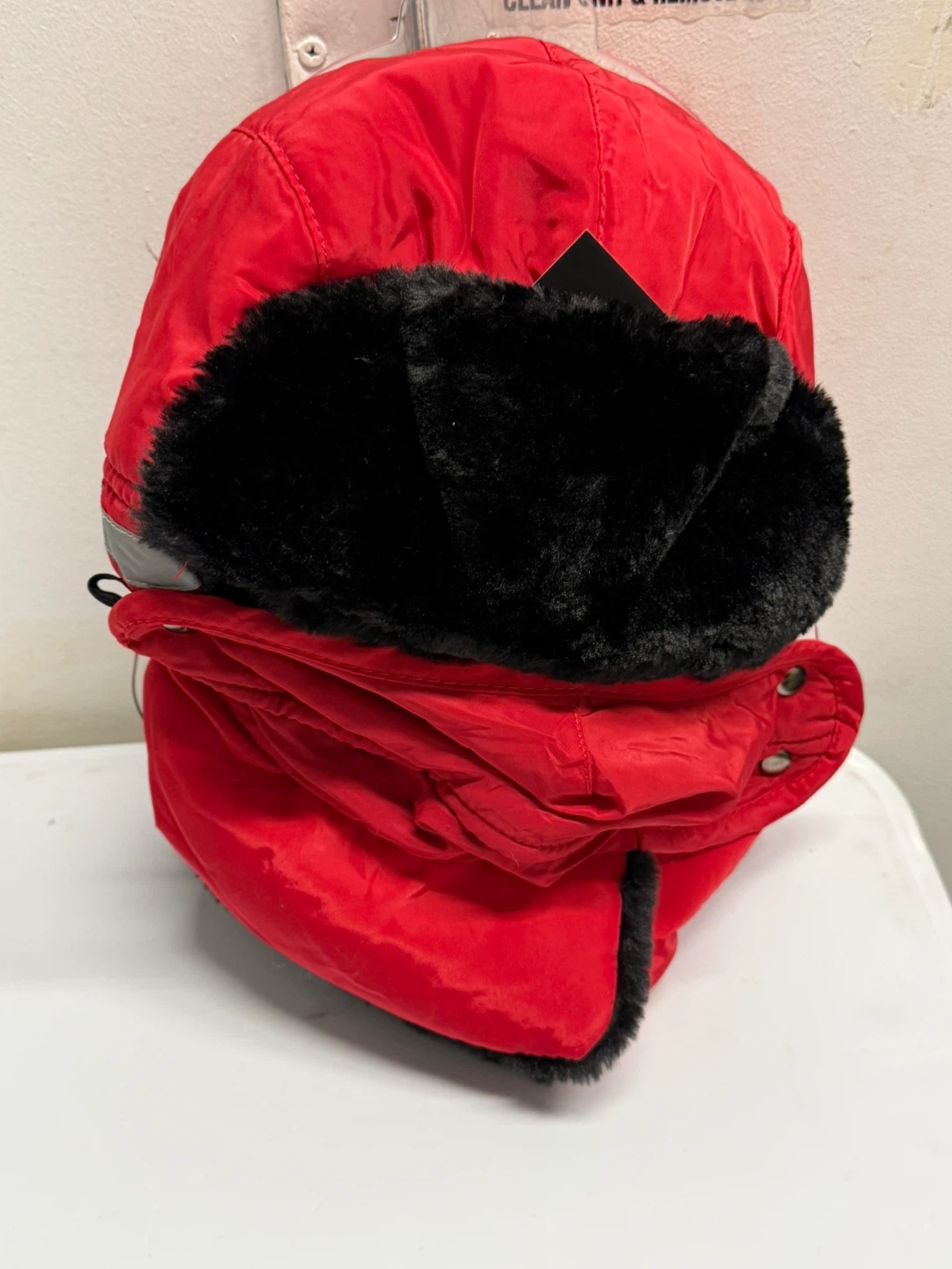 Red Winter Hat with Faux Fur Trim