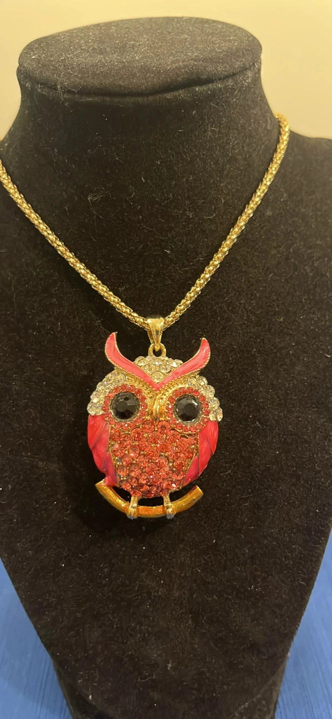 Betsy Johnson Owl Pendant Necklace - pink  & Gold Tone