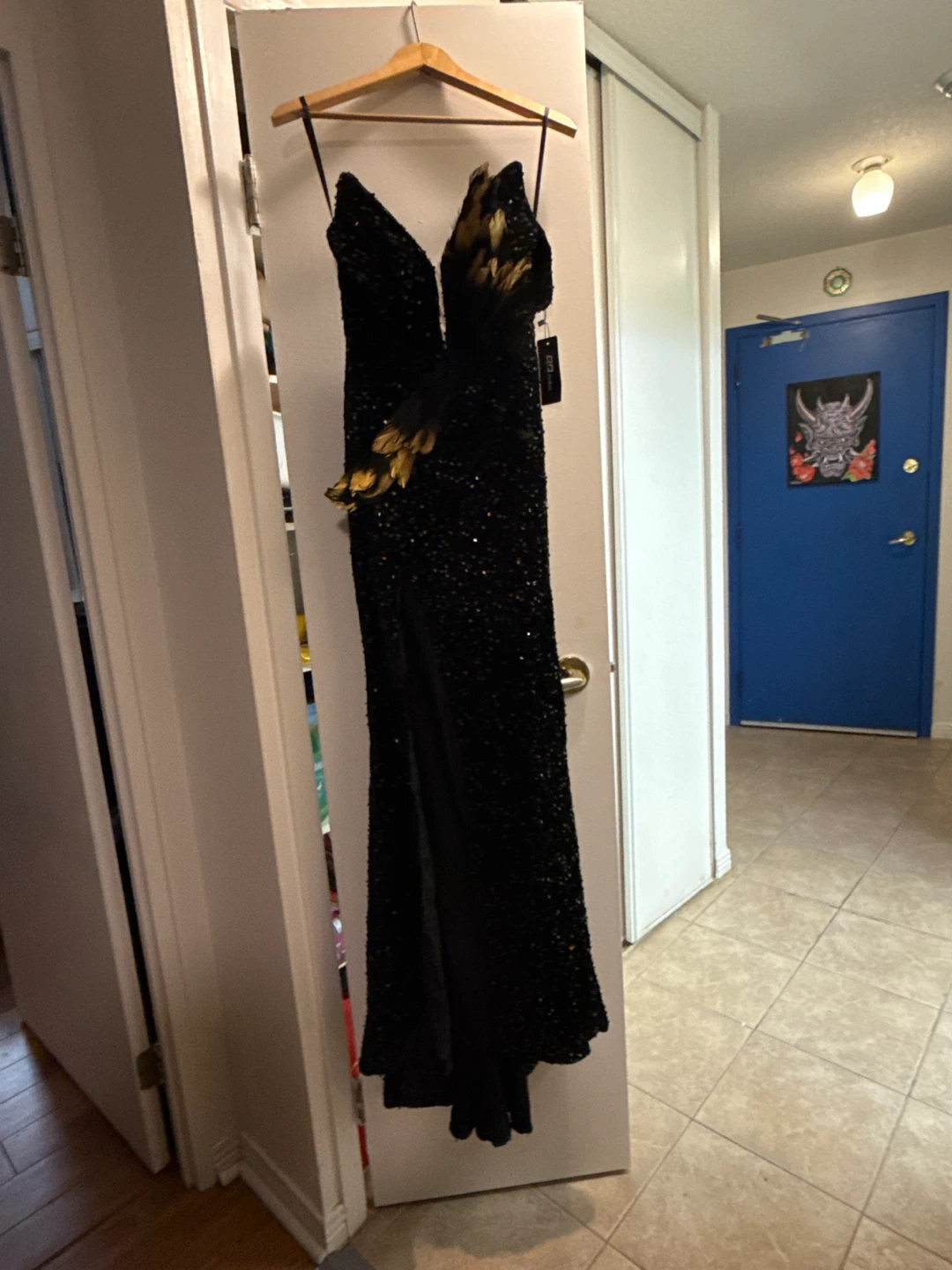RJ Fashion Black Sequin Feather Dress