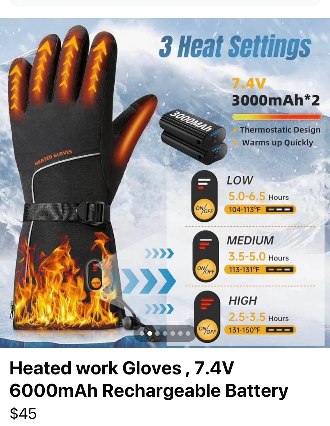 Heated Work Gloves - 7.4V Rechargeable Battery - photo 2