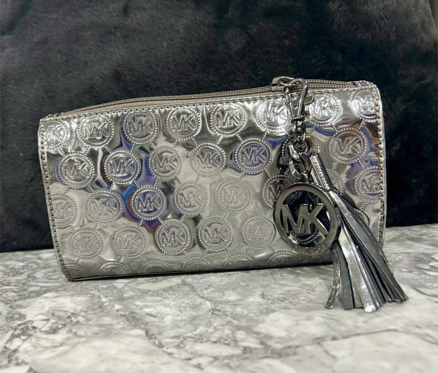 Michael Kors metallic silver makeup bag