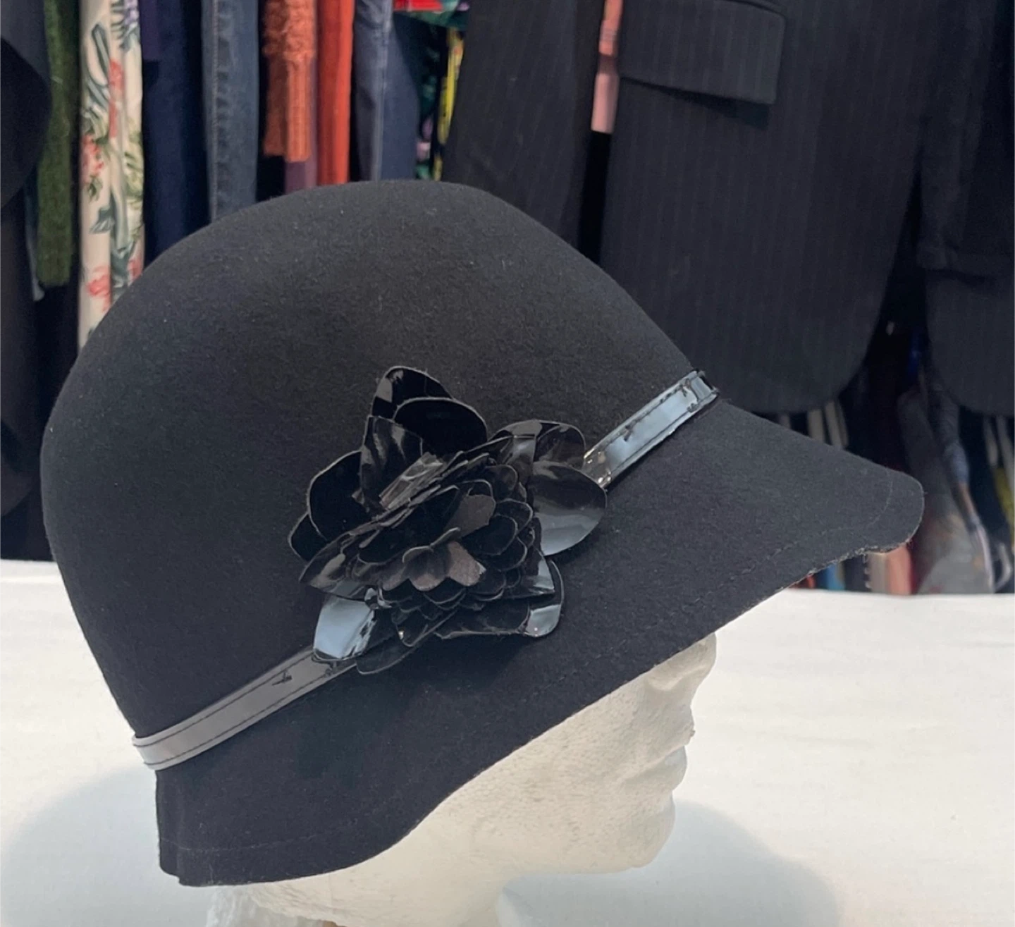 Liz Claiborne Black Cloche Hat with Flower Detail