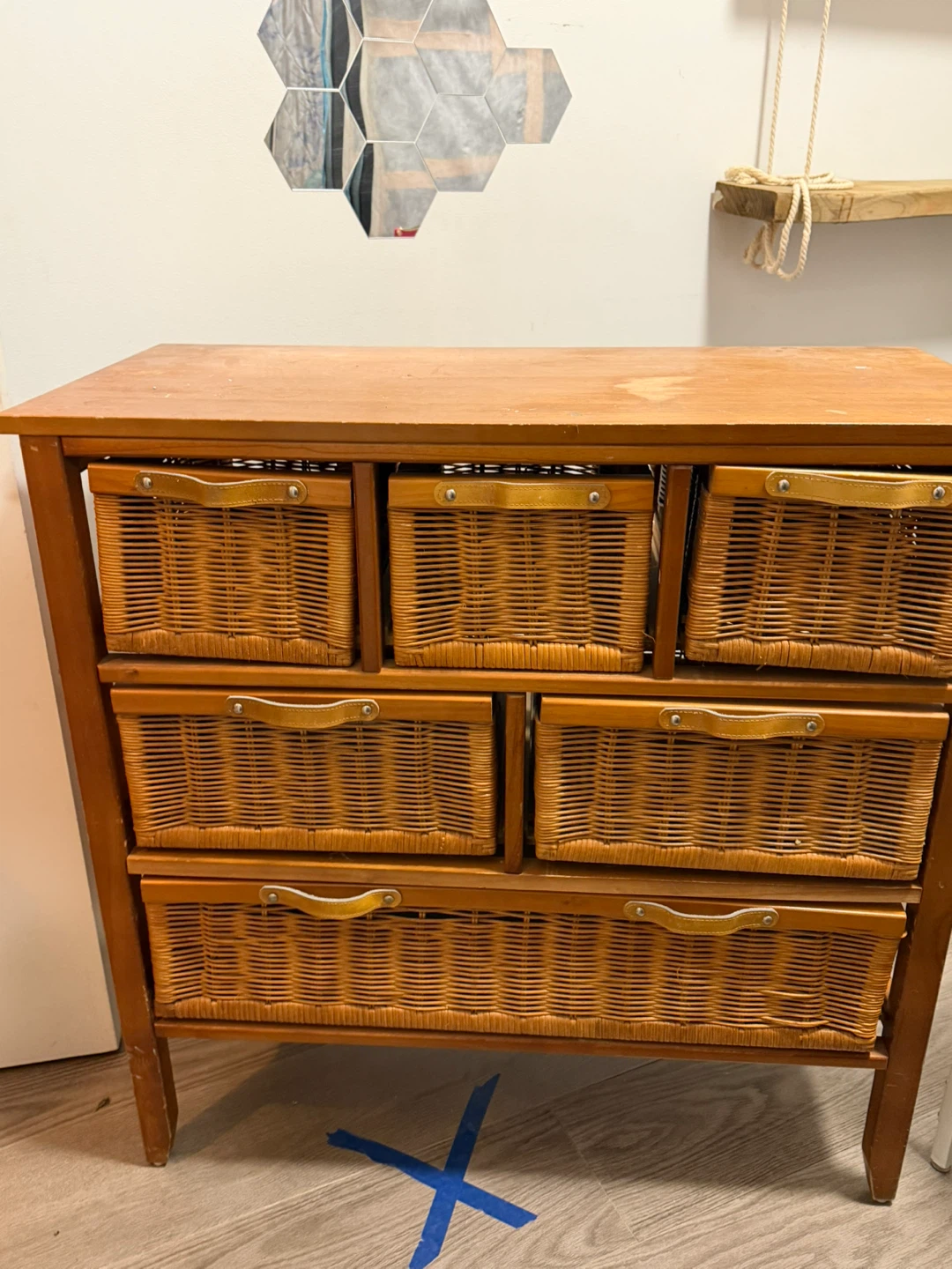Wooden Dresser with Wicker Baskets