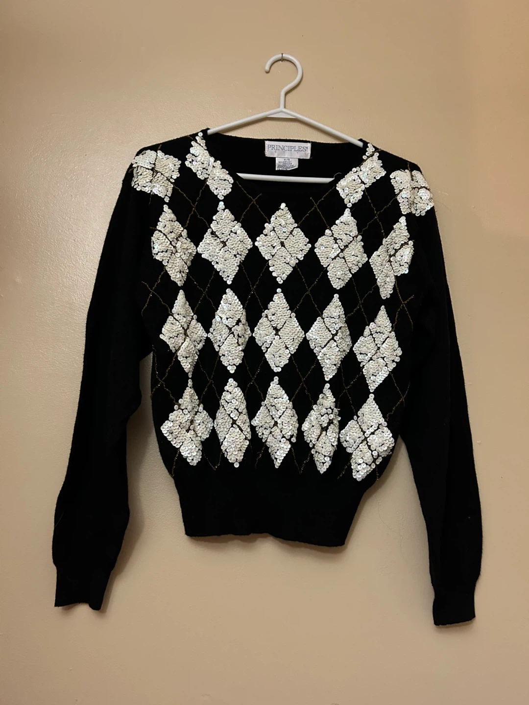 White Sequin & Gold Diamond Print Black Vintage Sweater