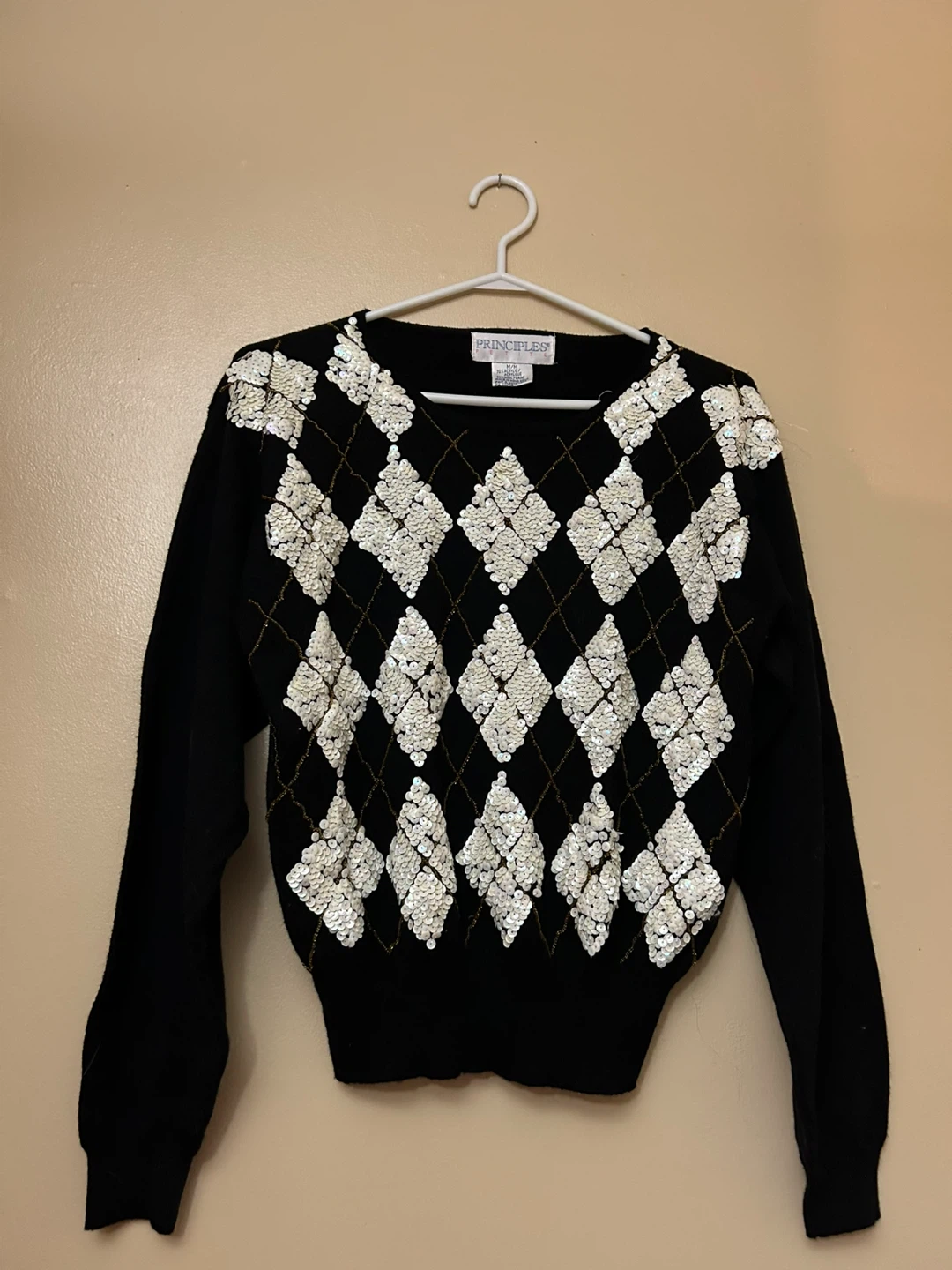 White Sequin & Gold Diamond Print Black Vintage Sweater - photo 3
