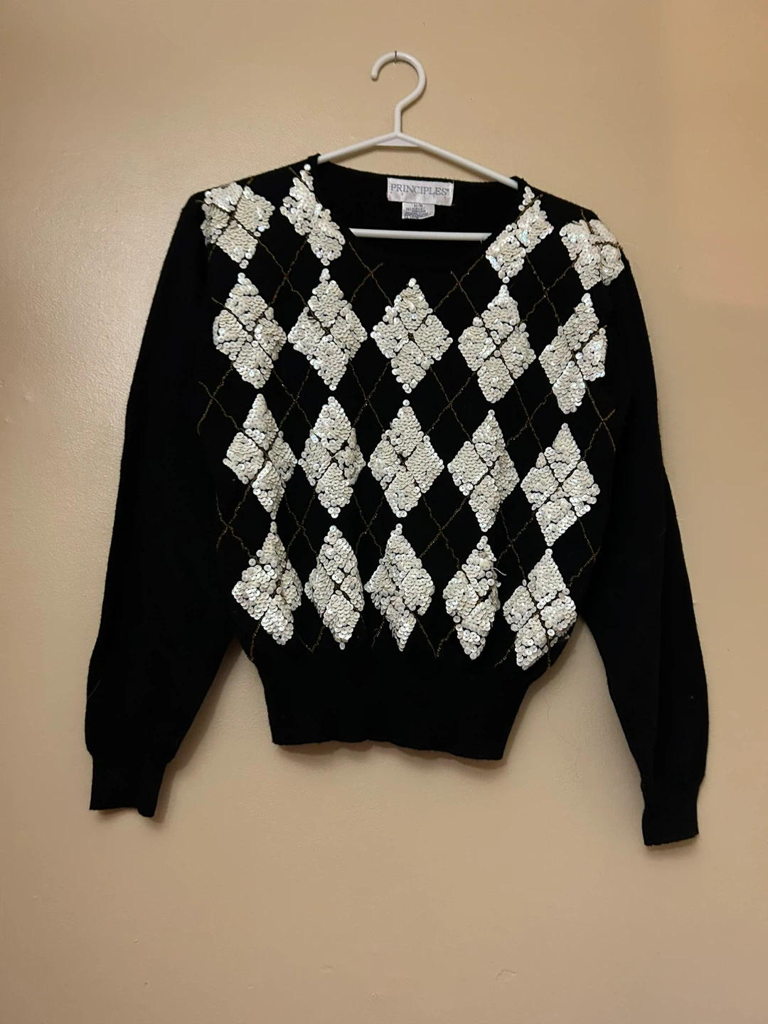 White Sequin & Gold Diamond Print Black Vintage Sweater - photo 5