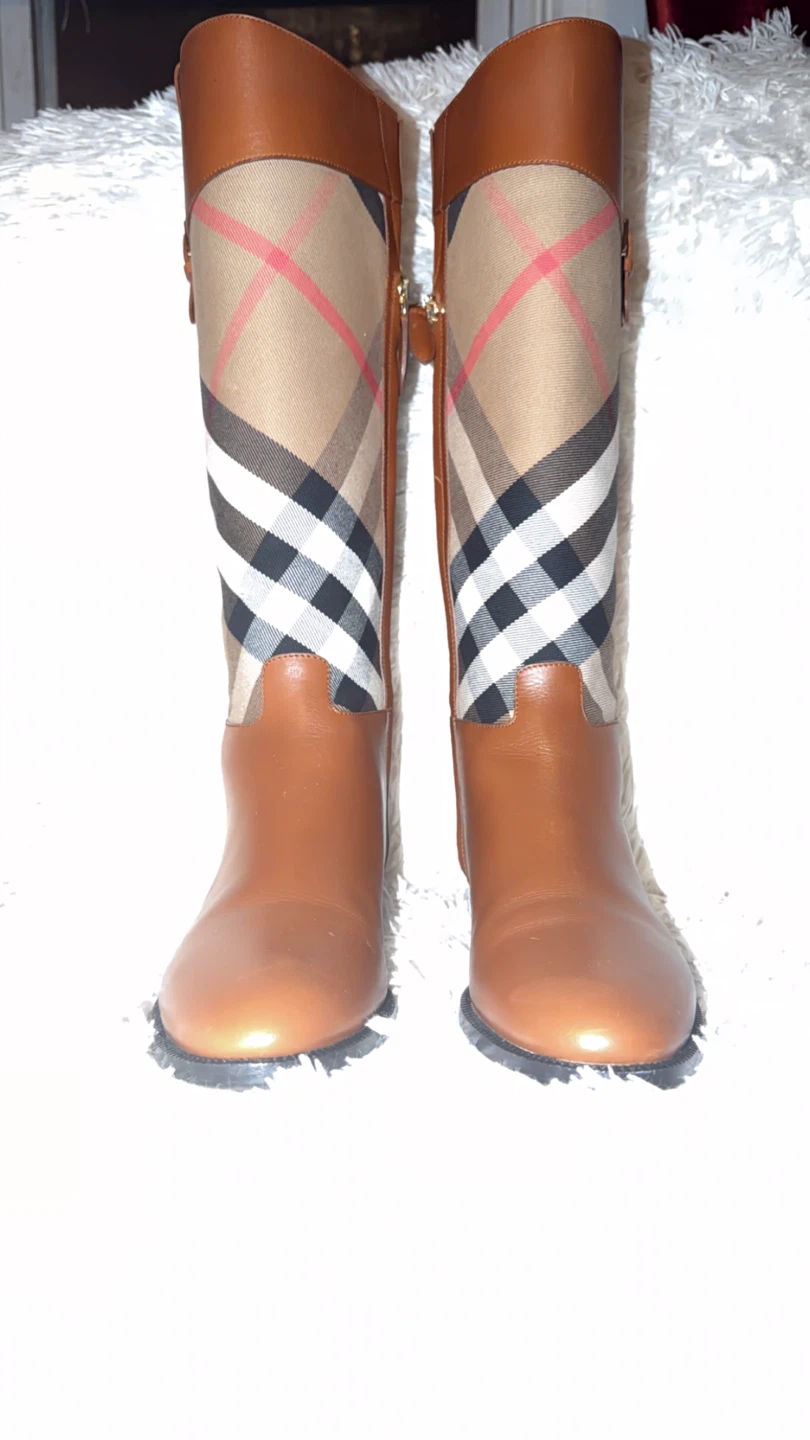 Burberry Brown Leather & Check Knee High Boots