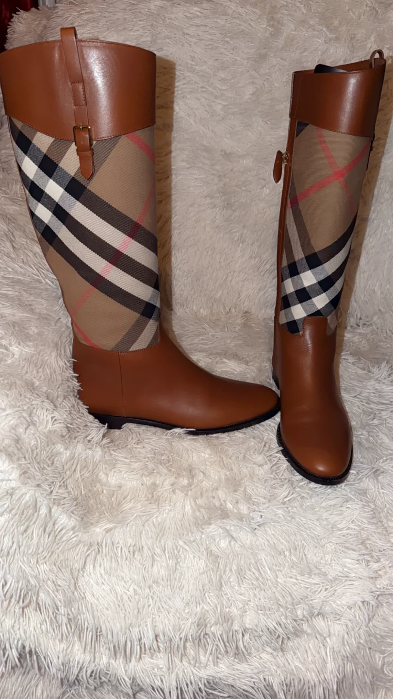 Burberry Brown Leather & Check Knee High Boots - photo 4
