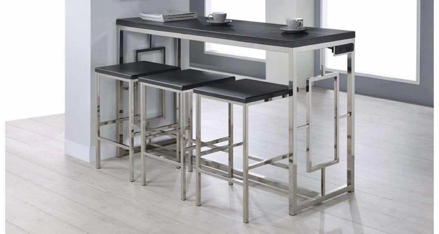 Modern Bar Table with 3 Stools - Black & Chrome