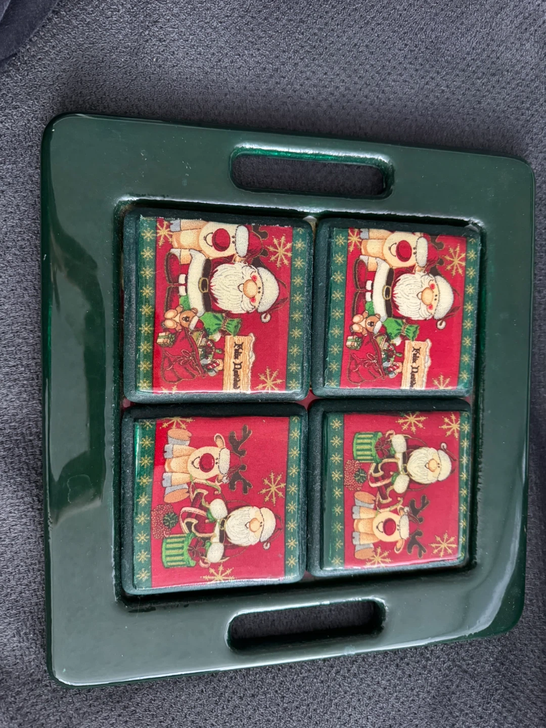 Vintage Christmas Santa & Reindeer Tile Coasters and Tray