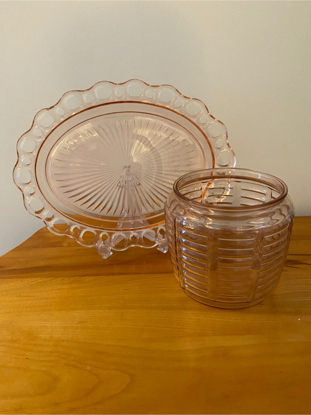 Vintage Pink Depression Glass Jar & Plate