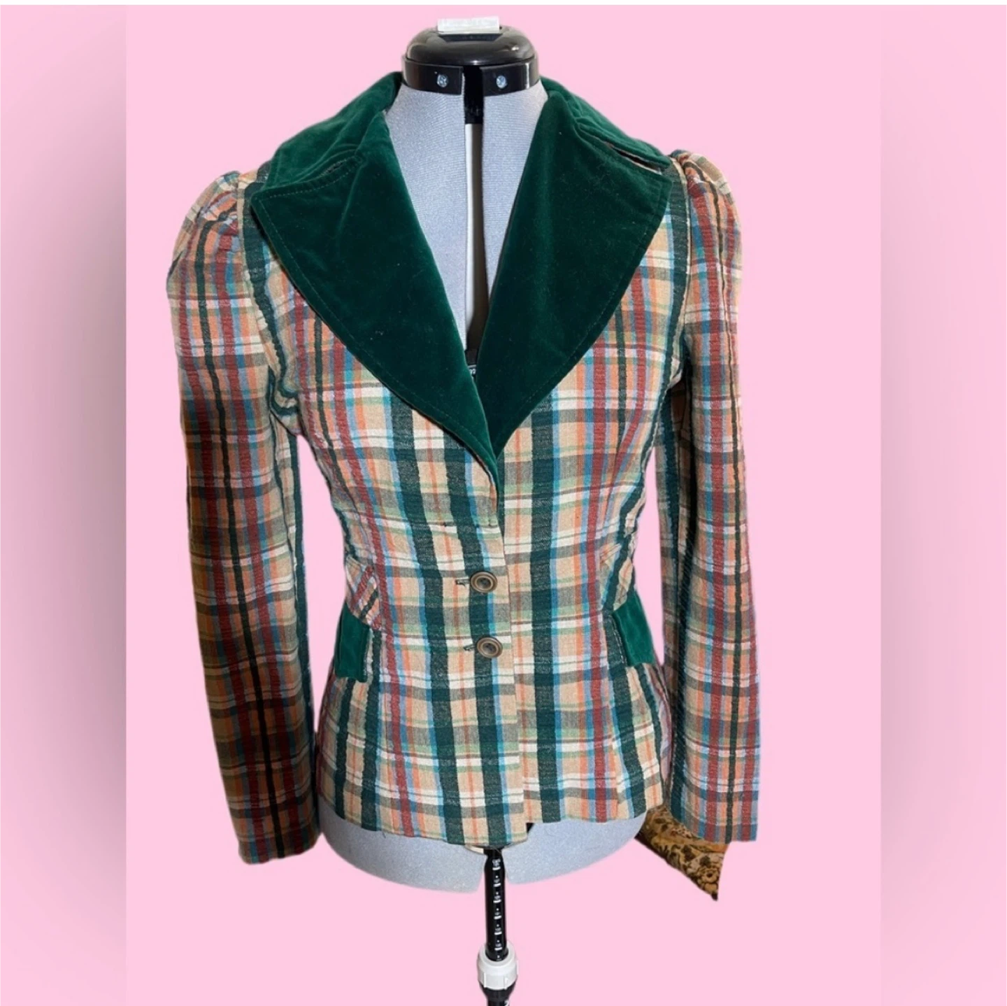 Fashion Scene Plaid Blazer with Velvet Trim