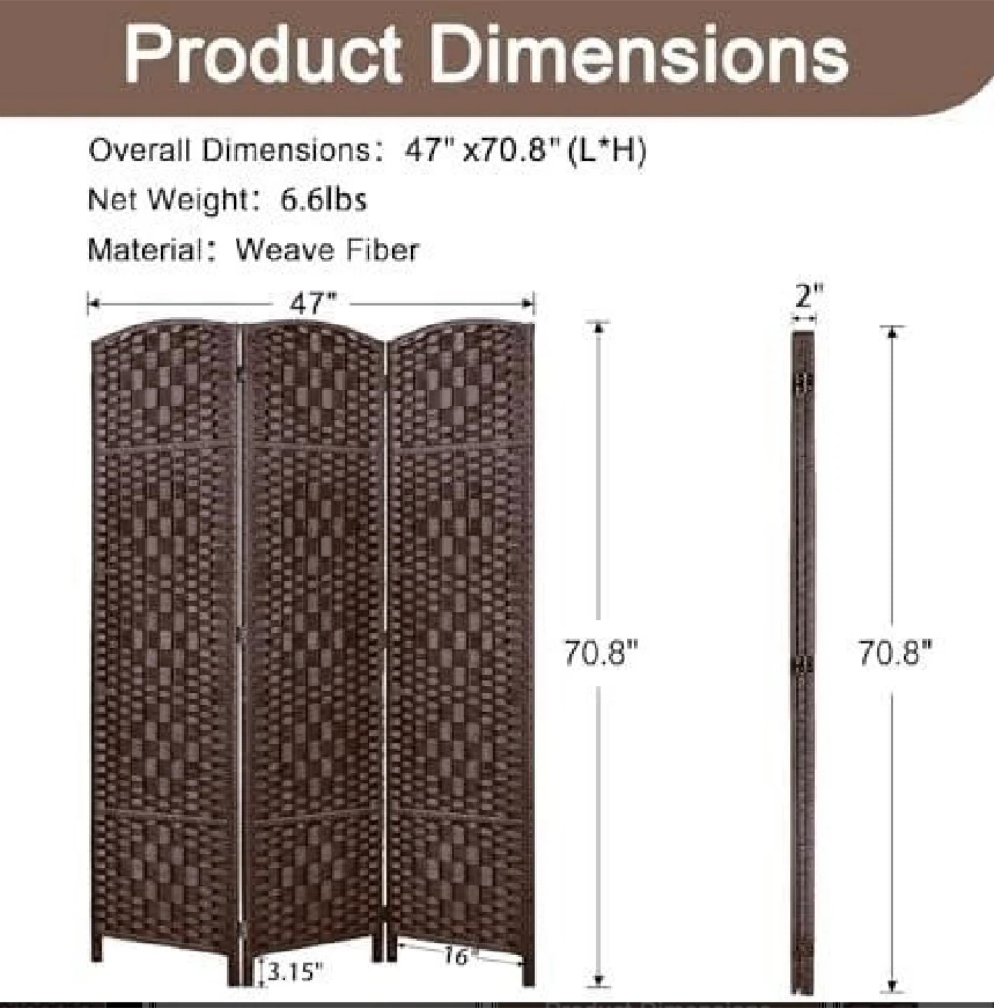 New 6Ft, 3 Panels Room Divider, Brown - photo 3