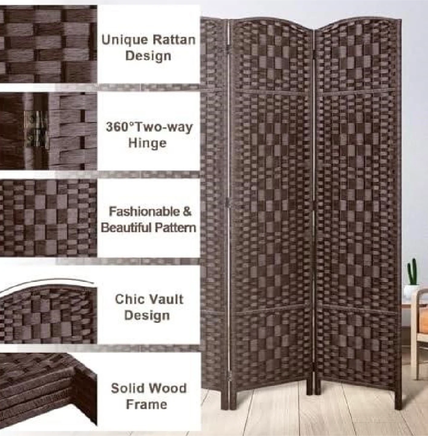 New 6Ft, 3 Panels Room Divider, Brown - photo 4