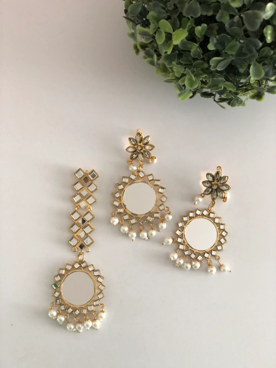 Mirror Earrings & Tikka Set - Gold & Pearl