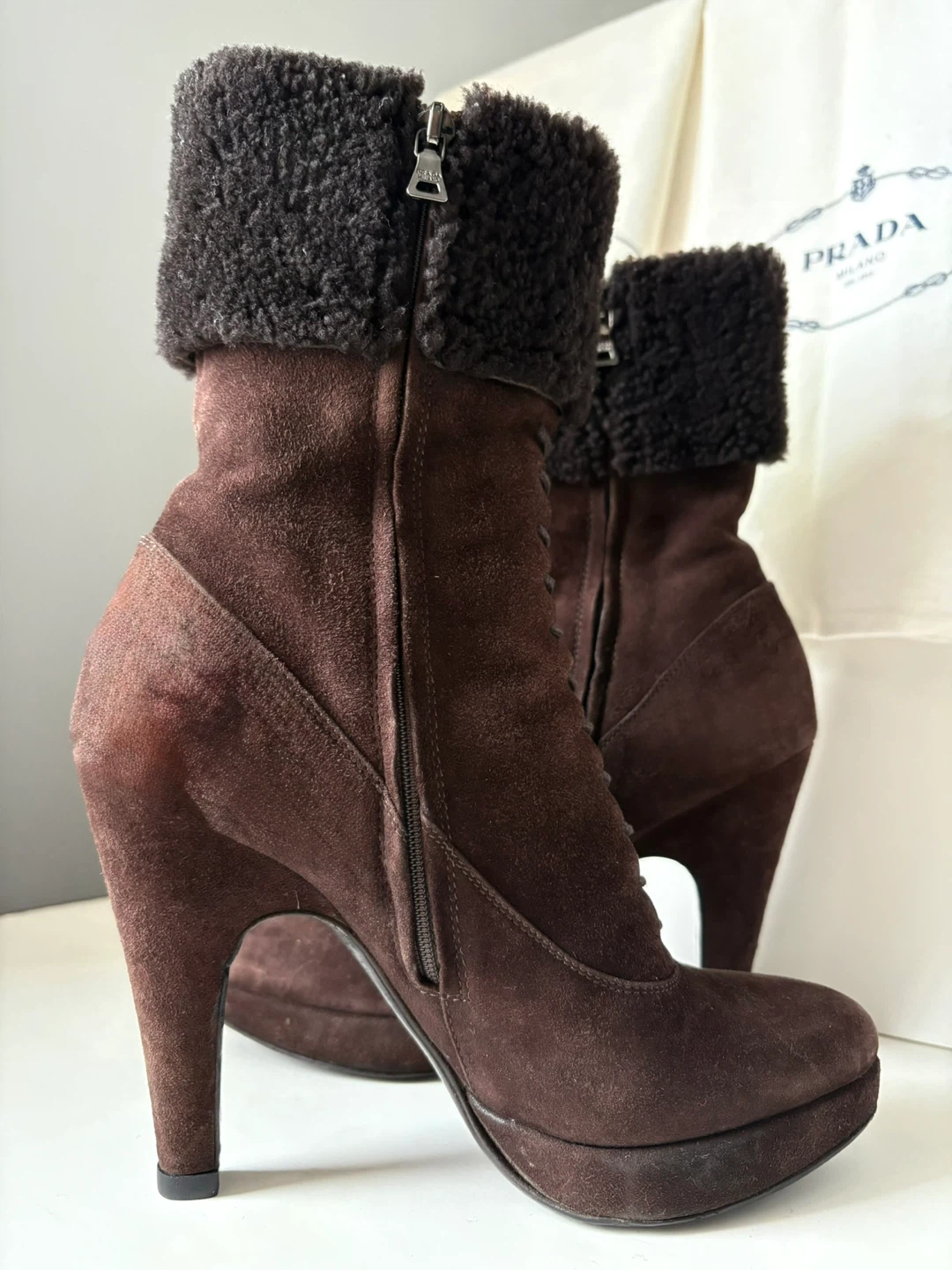 Prada Brown Suede Shearling Trim Boots - 37.5 - photo 2